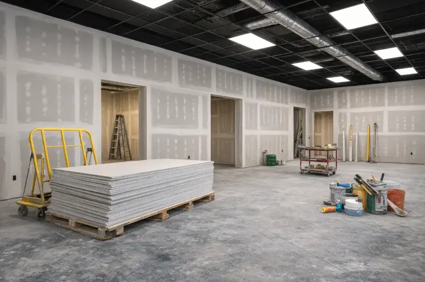 Stack of drywall sheets on a pallet inside a commercial space under construction