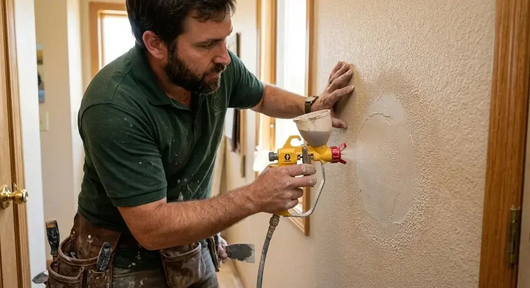 Drywall contractor spraying texture over a patched wall to match the surrounding finish